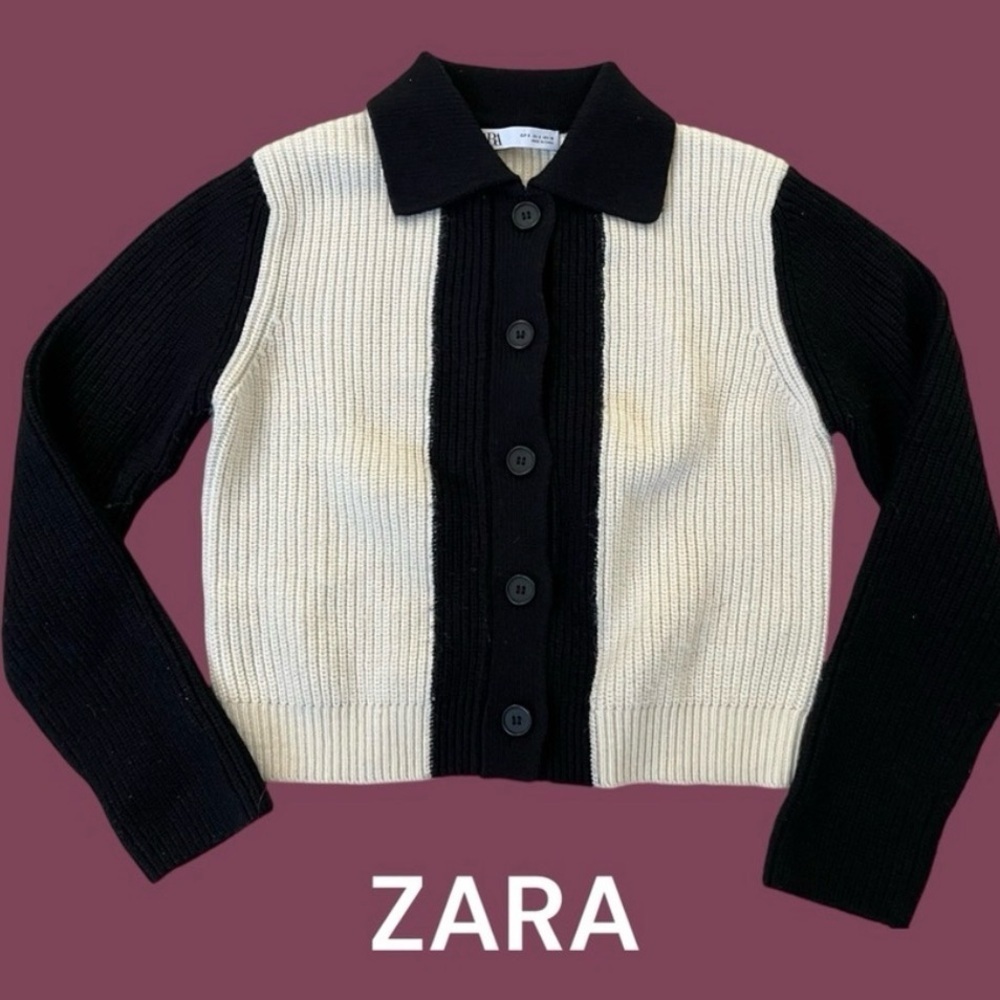Rare Zara Black & Cream Two-Tone Button Down Sweater Cardigan Top w Collar